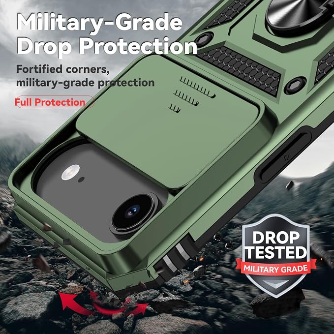 SunStory Phone Case for iPhone Air Case with HD Screen Protector & Slide Camera Cover & Rotated Ring Kickstand, [Military-Grade] Phone Case for iPhone 17 Air, Army Green - Image 6
