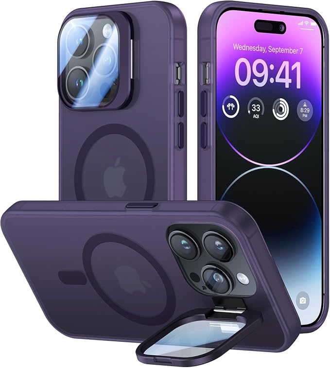 VOFATA for iPhone 14 Pro Max Case with Camera Cover Stand [Built-in 9H Camera Lens Protector][Fit for Magsafe] Military Grade Shockproof Translucent Matte Magnetic Phone Case 6.7", Purple by VOFATA
