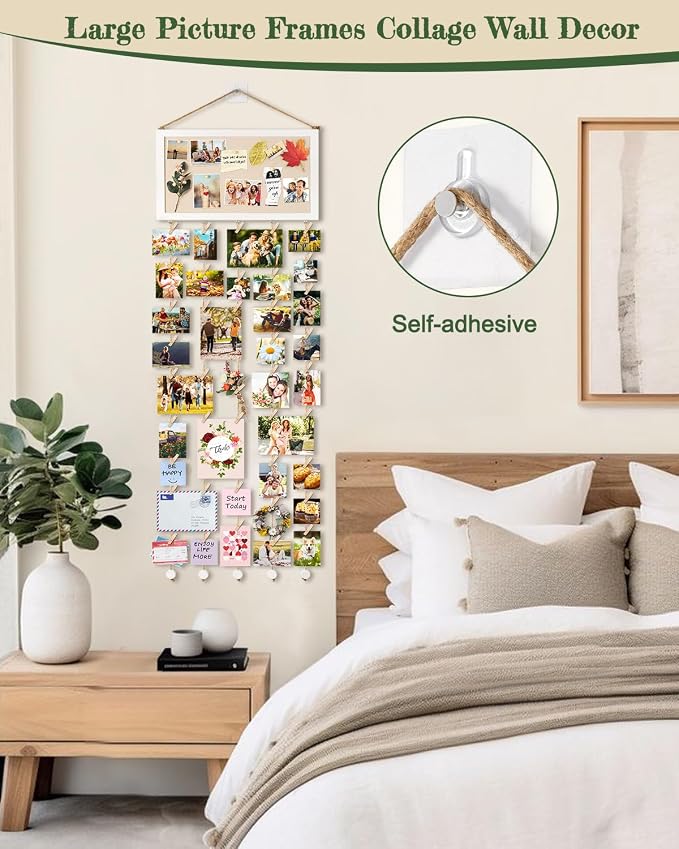 Bikoney Large Collage Picture Frame with Bulletin Board Photo Display | Wall Polaroid Display with 30 Clips & 6 Pushpins, No-Drill Wood Board for Dorm Room Decor & Graduation Gift - Image 2