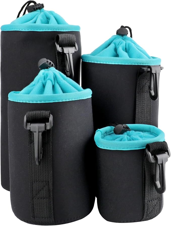 4Pcs Camera Lens Case Bag,4 Sizes Blue Water Resistant Protective Lens Pouch Set With Adjustable Drawstring Rotating Clamp,Replacement Compatible Thick Protective Neoprene for Canon,Nikon,Sony,Pentax by Unknown