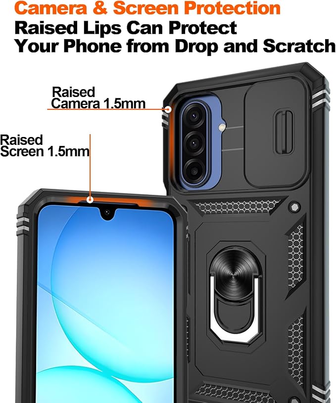 Gritup for Samsung Galaxy A17/A16-5G Phone Case with Camera Cover | 2*Screen Protector & 360° Rotating Ring Kickstand, Military Grade Protective Cover para Samsung A 17, Black - Image 4
