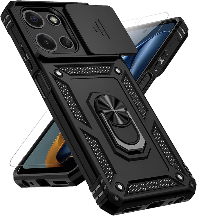 for Motorola Moto G 2025 / Moto G 2026 / Moto G Play 2026 Case, with Slide Camera Cover HD Screen Protector [Military Grade 16ft. Drop Tested] Ring Holder Kickstand Protective Phone Case, Black by PUSHIMEI