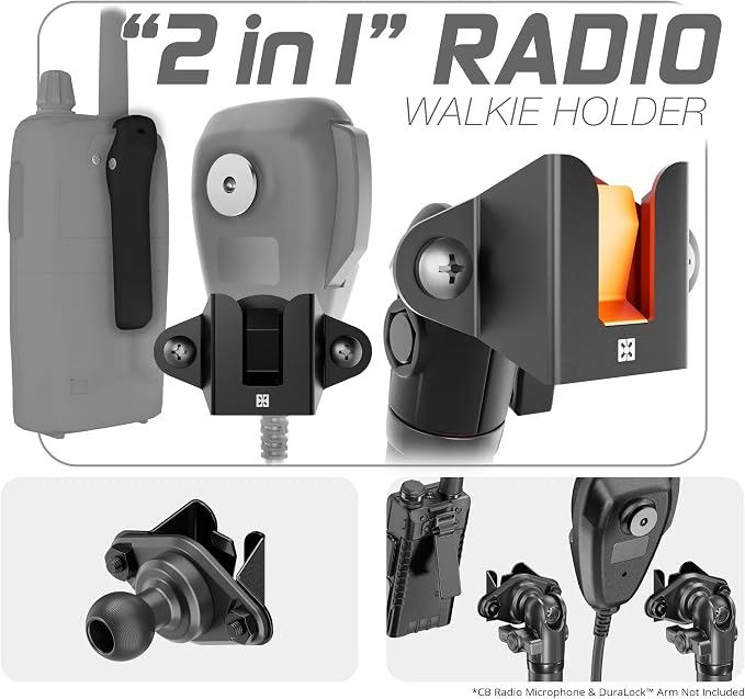 Tackform CB Mic/2-Way Radio Holder with 20mm Ball | All Metal | Compatible with Midland, Uniden, Baofeng, More | for Use with Belt Clip & Round Button Knob | NOT Compatible with 1" / B Sized Systems - Image 2
