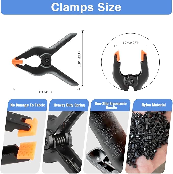 6 Pack 4.5 Inch Heavy Duty Spring Clamps & 6 Pack Backdrop Clips | Elastic Nylon Backdrop Clamps Holder Background Clips for Video Photography Background Support, Canvas, Creation and Home Use - Image 2