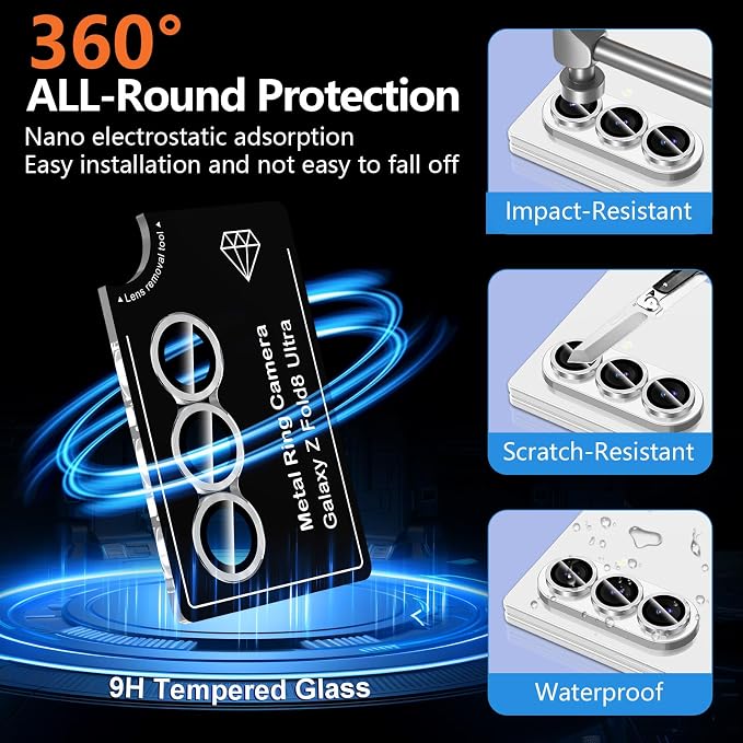 for Samsung Galaxy Z Fold 8 Ultra Camera Lens Protector, Individual Metal Ring Tempered Glass Lens Cover, [Strong Adsorption] Scratch Resistant Ultra-Thin HD Clear Lens Cover, 1 Set-Silvery - Image 2
