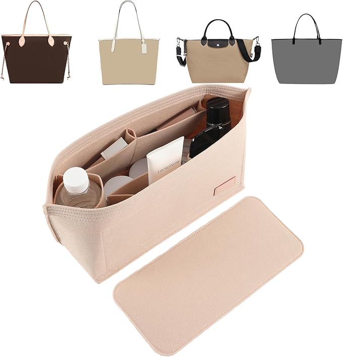 Doxo Purse Organizer Insert for Handbags & Base Shaper 2pc Set, Felt Neverfull MM Organizer Insert, Tote Bag Organizer with Zipper Pocket and Bottle Holder, Fit Speedy 30 Neverfull MM and More,Beige-L by Doxo