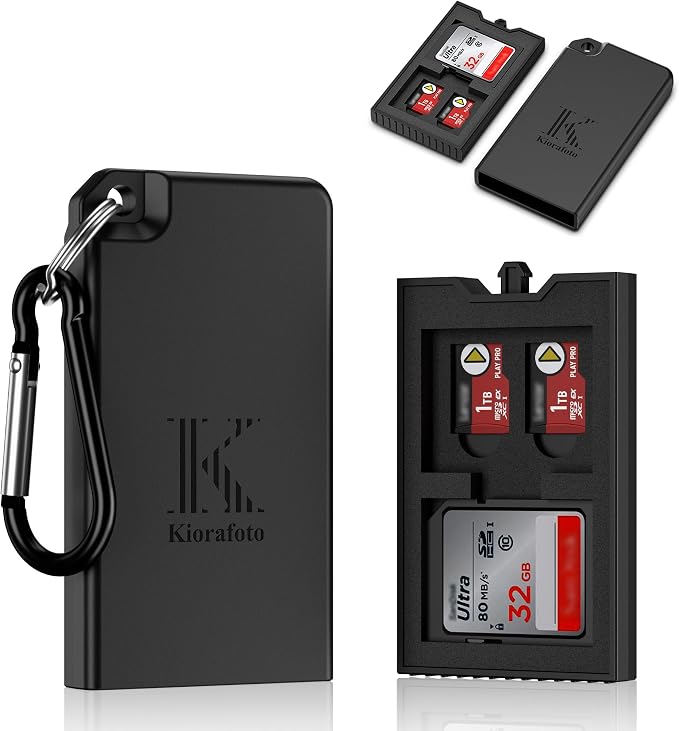 Pop-up Small Memory Card Case Holder for 2 SD SDHC SDXC Cards & 4 TF MicroSD MSD Cards with Carabiner, Portable Anti-Shock Splash-Proof Micro SD Card Case Storage Protector Organizer Keeper Container by Kiorafoto