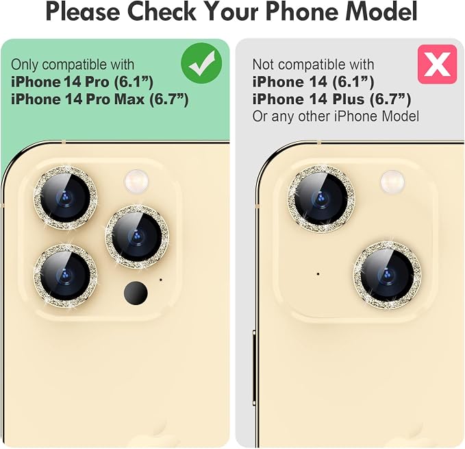 for iPhone 14 Pro/14 Pro Max Camera Lens Protector Glitter, Gold | Individual Metal, 9H Hardness, Scratch Resistant, Shockproof, Drop Protection, Case Friendly, Stylish Accessories - Image 2