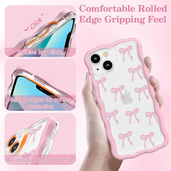 QLTYPRI for iPhone 15 Pink Bow Case, Clear Cute Pink Ribbon Bow Phone Case Curly Wavy Aesthetic Phone Cover, Soft Slim Transparent TPU Shockproof Protective Cover for Women Girls - Ribbon Bow - Image 3