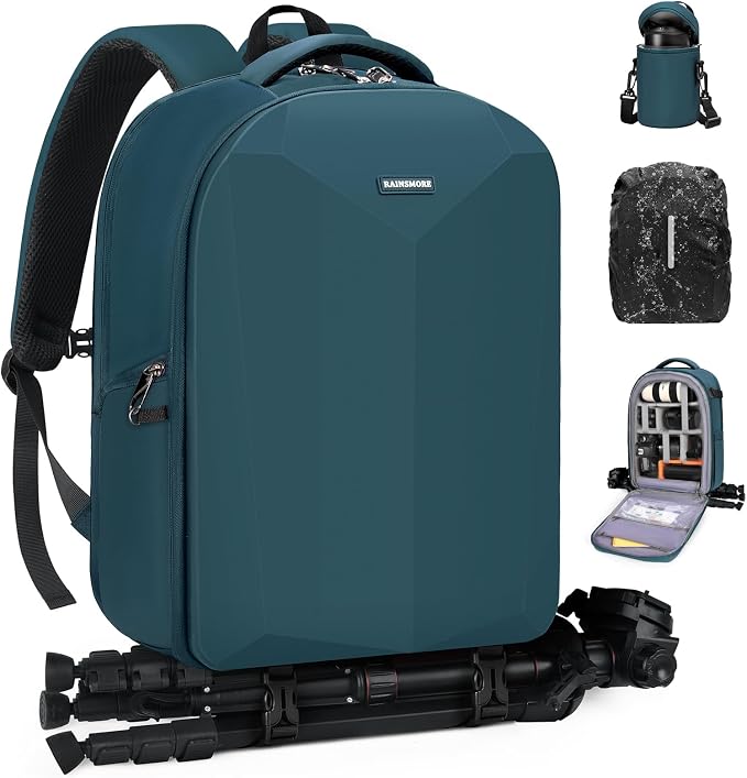 RAINSMORE Camera Backpack Hard Shell for DSLR/SLR Waterproof Camera Bag with Laptop Compartment 15.6 Inch Professional Camera Case with Rain Cover Photography Backpack Bag with Camera Lens Case Green by RAINSMORE