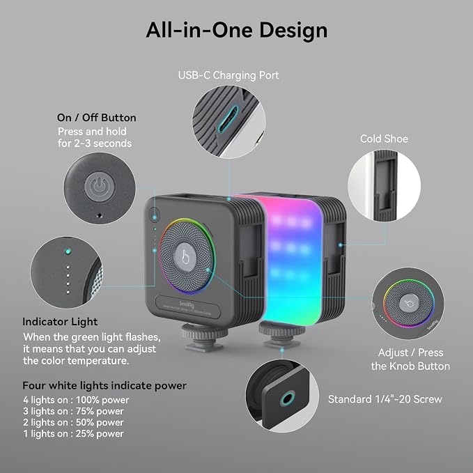 SmallRig P108 RGB Video Light,Portable LED Camera Lights 360° Full Color Photography Lighting w 3 Cold Shoe, 2500mAh Rechargeable On-Camera Video Light Panel 2700K - 6500K for YouTube, Vlogging | 360 Full Color, 2700K - 6500K, with 3 Cold Shoes, 2500mA... - Image 5