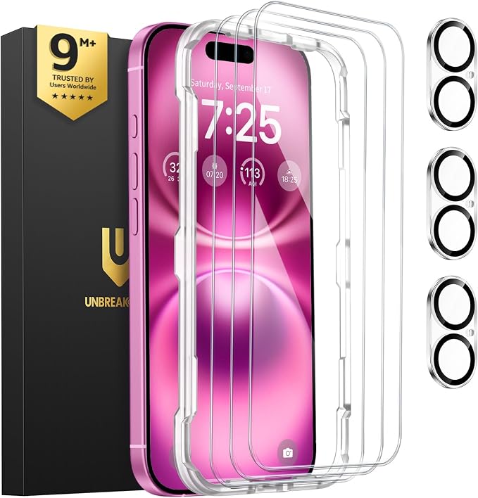 UNBREAKcable iPhone 16 Plus Screen Protector & Camera Lens Protector | Upgraded Dual-Tempered Glass with Military-Grade 9H Hardness, 3-Pack,HD Clarity, Anti-Fingerprint, Case Friendly, Fits 6.7'' by UNBREAKcable