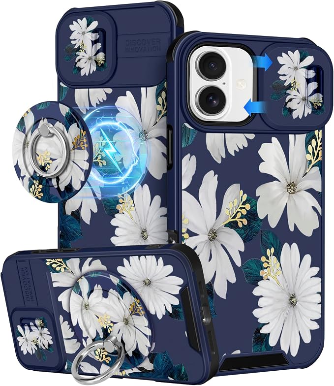Buleens for iPhone 17 Case 6.3 Inch - with Ring Stand & Camera Cover Aesthetic Cute Designed for Women Girls Kawaii Pretty Girly White Floral Phone Case for iPhone 17 Compatible with Magsafe by Buleens
