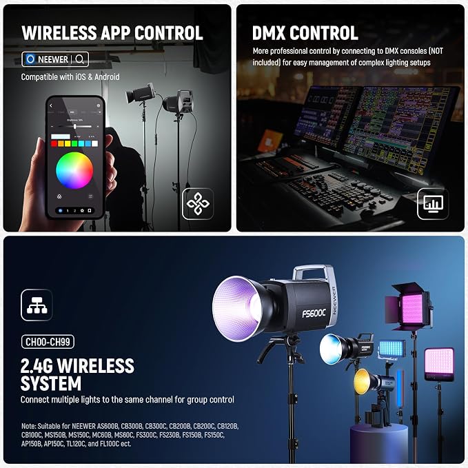 NEEWER Pro 600W RGB LED Video Light APP/2.4G/DMX Control, 2500-7500K 52500lx/1m COB Continuous Output Lighting, CRI95+/TLCI97+ Spotlight with Bag for Studio Photography Recording Streaming, FS600C - Image 7