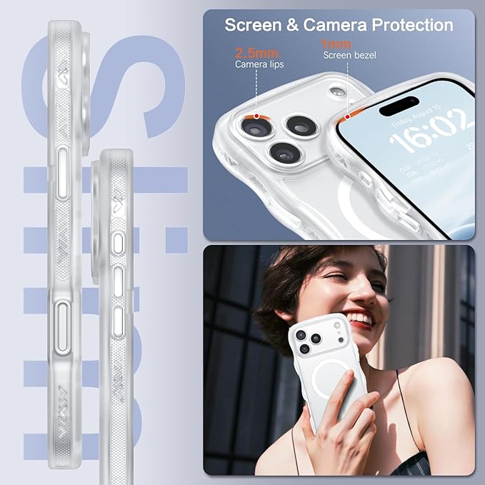 BENTOBEN Magnetic for iPhone 17 Pro Case, Cute Wavy Full Camera Protection [Compatible with MagSafe] Matte Anti-Slip Bumper Women Girls Boys Protective Cover for 17 Pro 6.3", Clear White - Image 2