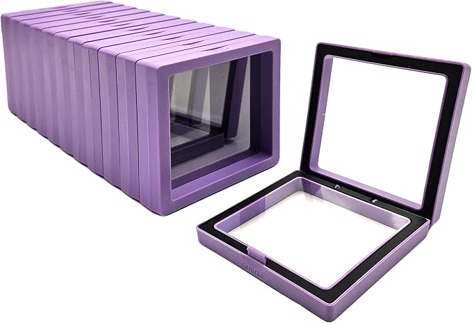 12 PCS Dual-Color Packaging Box 3D Floating Frame Display Stand, Color-Matching Packaging Display Box, Transparent Window Jewelry Case, PE Film Anti-Oxidation Storage Case. (Purple+Black) by Unknown