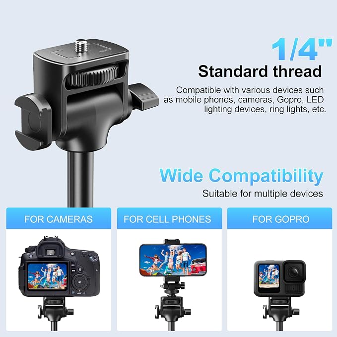 Fugetek 62" Professional Cell Phone Tripod, Ultra Stable 4 Leg Design, Bluetooth Remote, 100% All Aluminum Stick & Legs, Portable All in One, 360° Phone Mount with 2 Cold Shoe Slots, Non Skid Feet - Image 5