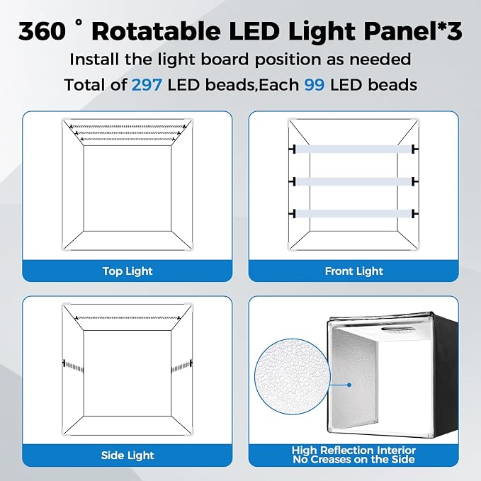 Photo Light Box, Portable 12/16/20/24/32 Inch Photo Studio Light Box, Shooting Tent Kit with 297 Light Beads and 6 Color Backdrops.Lightbox with 3 Stepless Dimming Light Boards for Studio Photography - Image 4