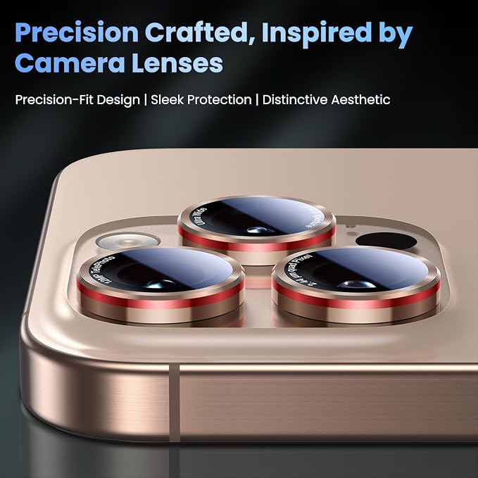 Uyiton for iPhone 17/16/15/14 (Pro Max & Pro) Camera Lens Protector | Unique Lines Text Design, Case-Friendly, Military-Grade Sapphire Glass Metal Camera Cover, Easy to Install, Gold+Red - Image 2