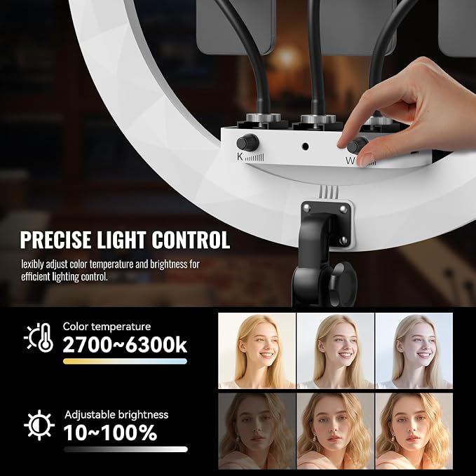 19" LED Ring Light with Stand, 78.7" Tripod, 3 Phone Holders | 45W Selfie Light, 2700K-6300K Adjustable Color, CRI 96+, Dimmable Brightness for Live Streaming, TikTok, YouTube, Makeup - Image 2