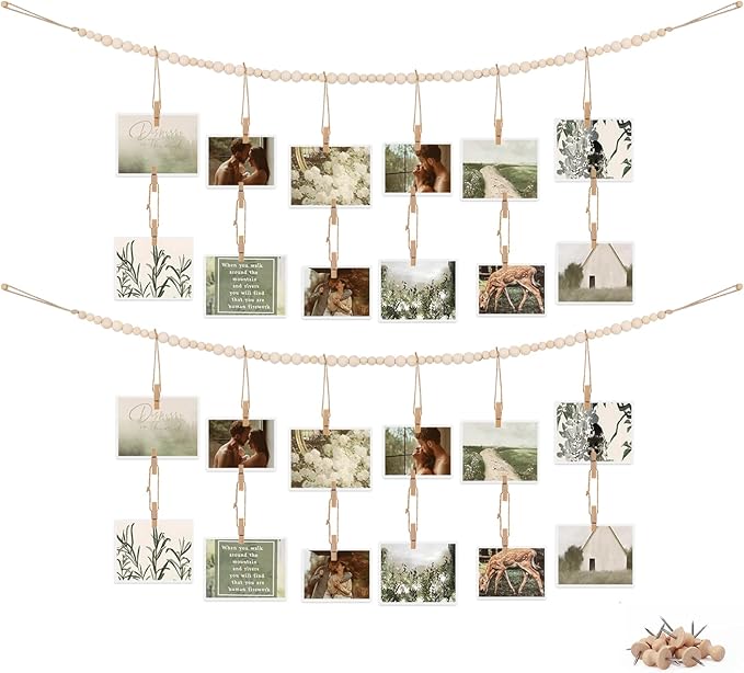2 Pack Hanging Photo Display with Clips, Boho Wooden Bead Wall Decor | 53.5 In Jute Garland, 60 Clips And 7 Wooden Pegs, Natural Wood Beads, For Photos, Cards And Artwork by WSICSE