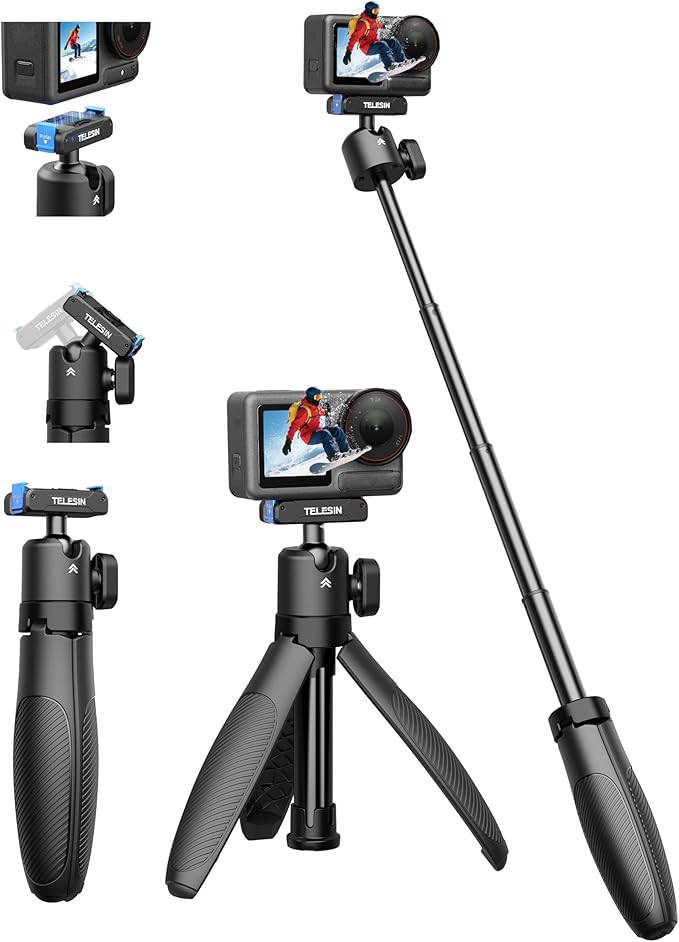 TELESIN 40cm/15.7in Mini Selfie Stick Tripod for DJI Osmo Action 5 Pro/4/3 | Magnetic Quick Release, Anti-Slip Handle Grip, 360° Ball Head, Portable Vlog Extended Pole for DJI Action Camera Accessories by telesin
