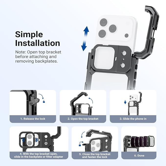 NEEWER ND Filter Set for PA143/PA144 Phone Cage Only, ND8/16/32/64 + Black Diffusion 1/4 Filter for Mist Cinematic Effect + Magnetic Backplate, Compatible with iPhone 17 Pro/17 Pro Max, Black - Image 3