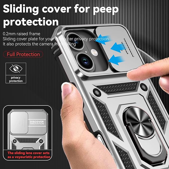 SunStory Compatible with iPhone 17 Case with HD Screen Protector & Slide Camera Cover & Rotated Ring Kickstand, [Military-Grade] iPhone Case for iPhone 17, Silver - Image 3