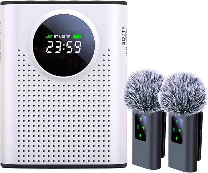 S67 Rechargeable Voice Amplifier Wireless Microphone Dual for Teachers Classroom, Mini Lavalier Lapel Mic Clip Magnetic, Bluetooth Speaker with LED Display for Class, Tour Guide, Coaches, White by ZERFUN