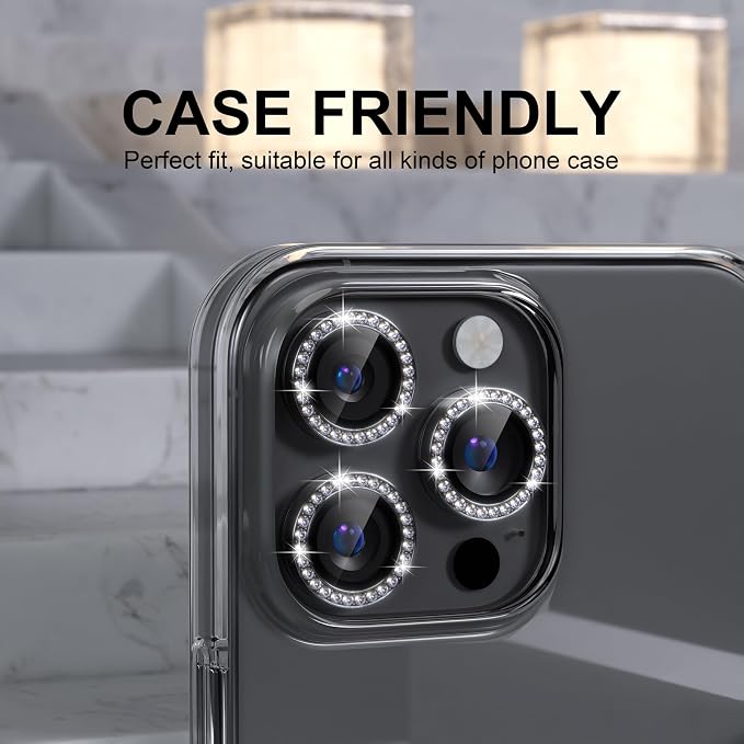 Choiche for iPhone 16 Pro/iPhone 16 Pro Max Camera Lens Protector | Ultra HD, Bling 9H Tempered Glass Camera Cover Screen Protector Metal Ring Decoration Accessories (Diamond-Black) - Image 3