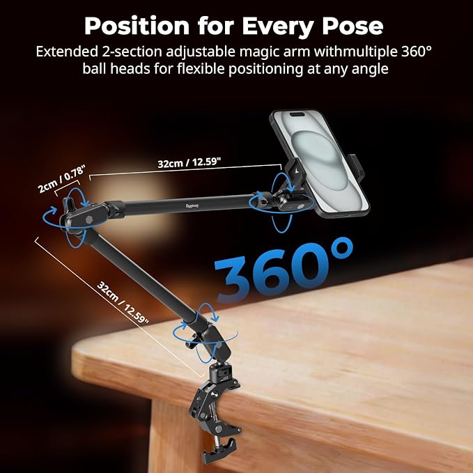 SMALLRIG 26" Magic Arm with Super Clamp, Overhead Phone Mount w/Cable Clip | Flexible Desk Camera Mount with 1/4" Screw and Cable Clip, Max Load 2.2lb, for iPhone/Action Camera/Video Light/Webcam/Mic - Image 4