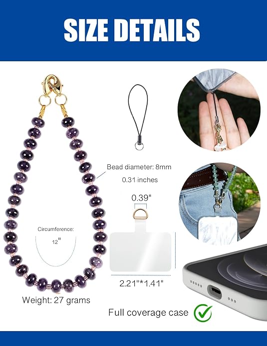 CH.yishi Crystal Beaded Phone Charm Wrist Strap Camera Lanyard | Handmade Cell Phone Chain,with Tether Tab,Keychain Bag Wallet Natural Stone Charm,Headphone Gemstone Decor,Camera Wrist Strap - Image 3