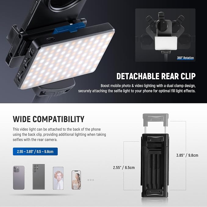 NEEWER Basics LED Selfie & Tattoo Light Compatible with iPhone, Clip on CPL Filter/Tripod Stand/Phone Holder, Fill Lighting Remove Reflection for Art Food Jewelry Photography Video Recording, BL120B | Clip on CPL Filter/Tripod Stand/Phone Holder, Fill ... - Image 7