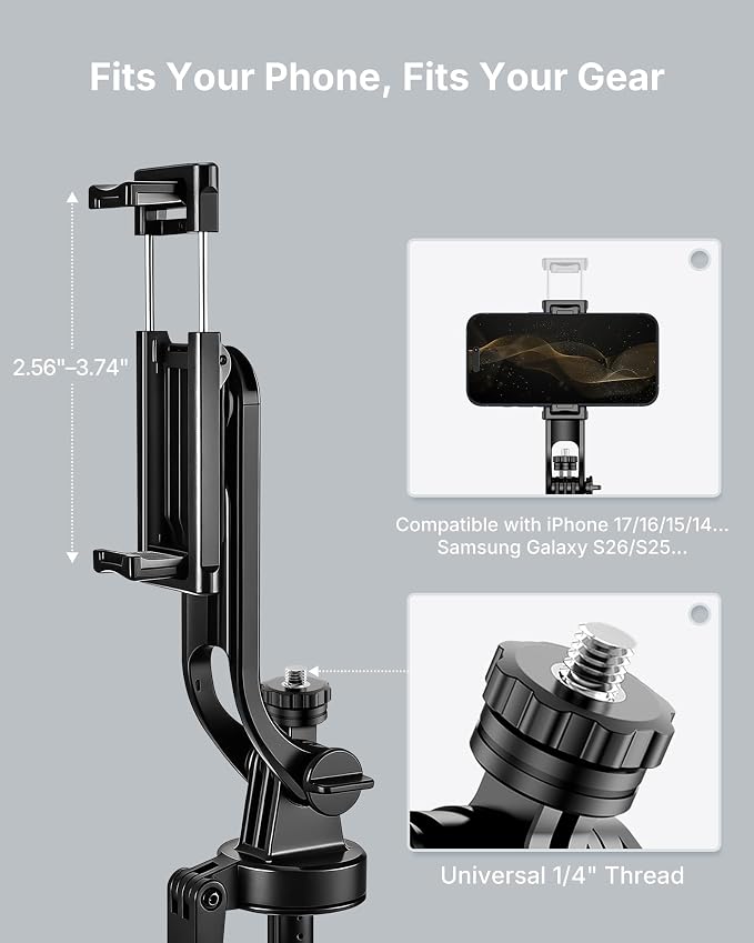 4-Leg Phone Tripod, 71-inch Selfie Stick for iPhone & Android | Anti-Slip Quadrapod Base, Snap-Release Phone Holder, Aluminum Alloy Pole for Durability, Secondary Handle Grip for Stability - Image 5