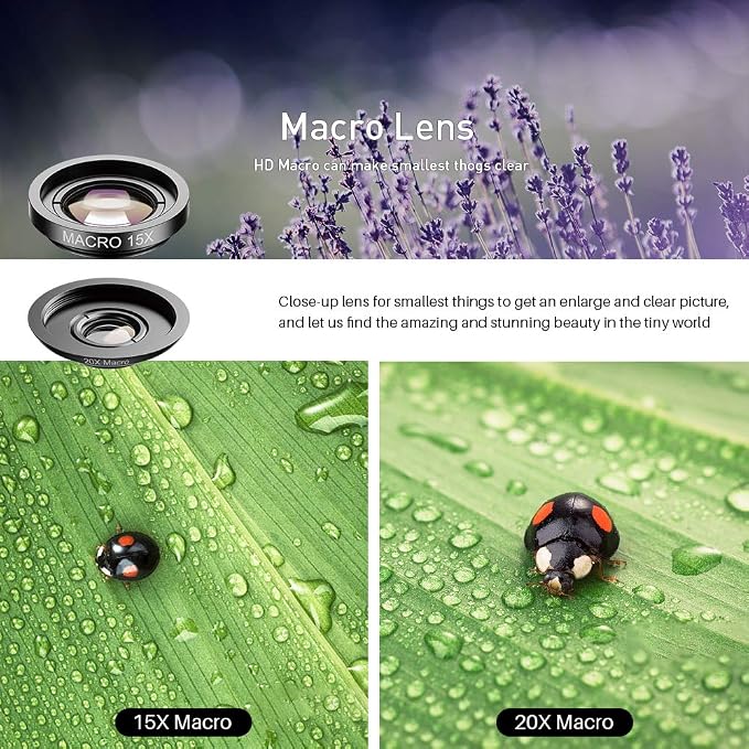 SHUTTERMOON Camera Lens Kit Smartphones/Pixel/Samsung/Android Phones Camera. 2xTele Lens ZoomLens+Fisheye Lens+0.36XSuper Wide Angle Lens & 20X Macro Lens CPL.Blue &Red Filter Filter - Image 3