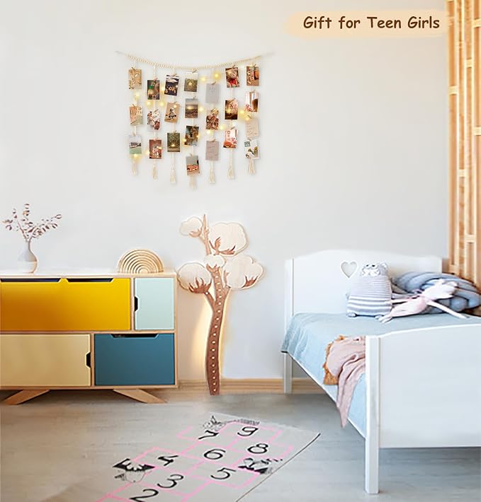 Mkono Hanging Photo Display, Boho Macrame Wall Decor with Lights, Ivory | 45 Clips, String Lights, Teen Girl Stuff Gifts, Wooden Beads Banner, Pictures Postcards Holder, Bedroom Living Room Dorm - Image 3