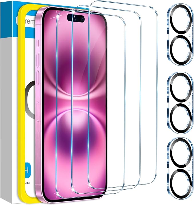 Fotbor for 3Pack iPhone 16 Screen Protector with 3Pack Camera Lens Protector, 9H+ Tempered Glass Easy Installation Kit, Case Friendly iPhone 16 by Fotbor