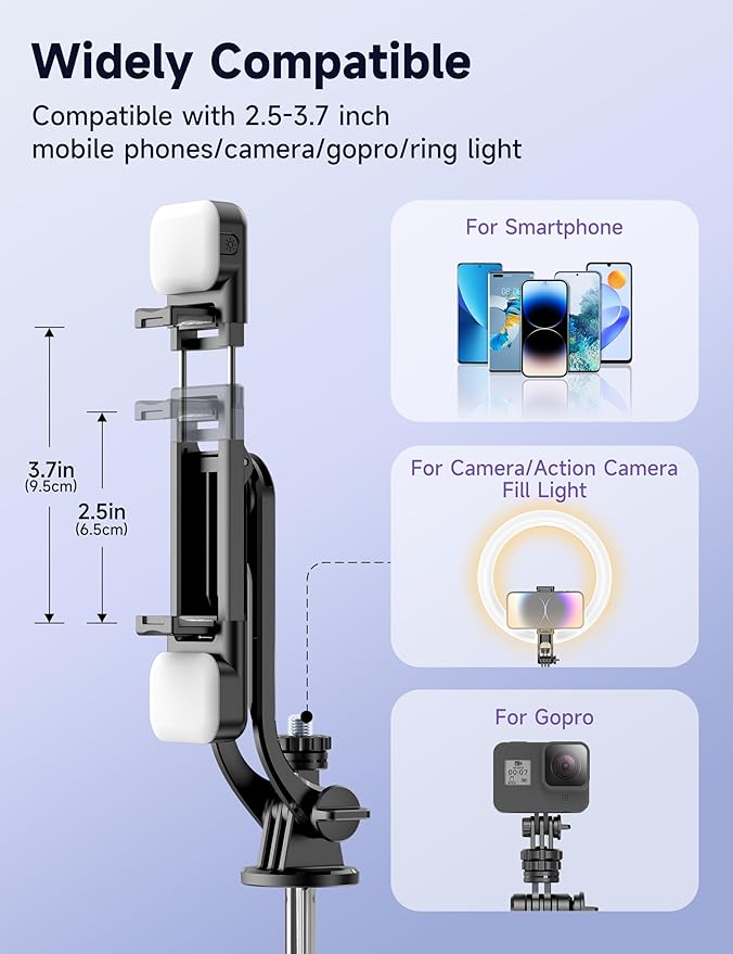53'' Selfie Stick Tripod with Light, Extendable Selfie Stick with Remote, Portable Cell Phone Tripod Stand with All in 1 Phone Clip, Lightweight Camera Tripod Compatible with iPhone 17 16 15, Android - Image 5
