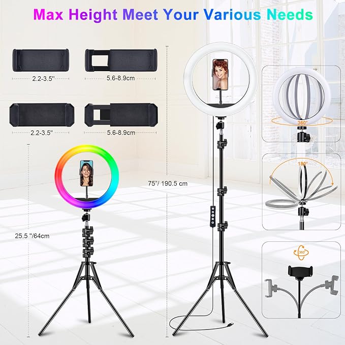 STALLY 10.2" Ring Light with Stand for for iPhone/TikTok, 75" Tall Tripod | Ring Light with Phone Holder,Wireless Remote,12 Dimming Levels,96 Color Modes, Selfie Light for Makeup,Live Stream,YouTube - Image 6