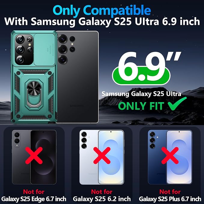 Taisairu for Samsung Galaxy S25 Ultra Case with Screen Protector & Slide Camera Lens Cover, Built-in Magnetic Ring Stand Shockproof Protective Phone Case for Samsung S25 Ultra Case (Green) - Image 9