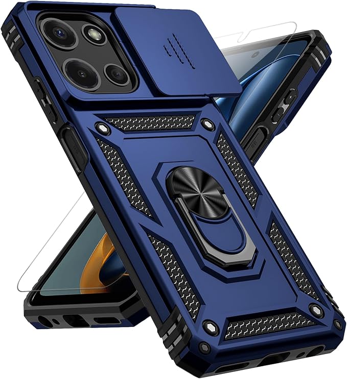 for Motorola Moto G 2025 / Moto G 2026 / Moto G Play 2026 Case, with Slide Camera Cover HD Screen Protector [Military Grade 16ft. Drop Tested] Ring Holder Kickstand Protective Phone Case, Navy Blue by PUSHIMEI