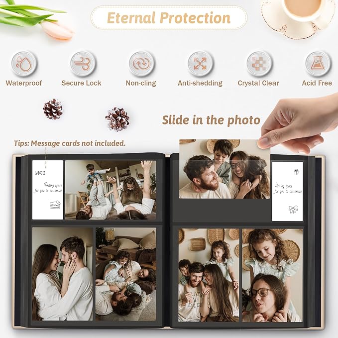 Popotop 4x6 Photo Album Holds 300 Pictures, Vegan Leather Hardcover | 300-Photos Capacity, Acid-Free PP Slip-In Pockets, Mixed-Orientation Layout, Front Photo Window, Gifts for Wedding Baby - Image 3