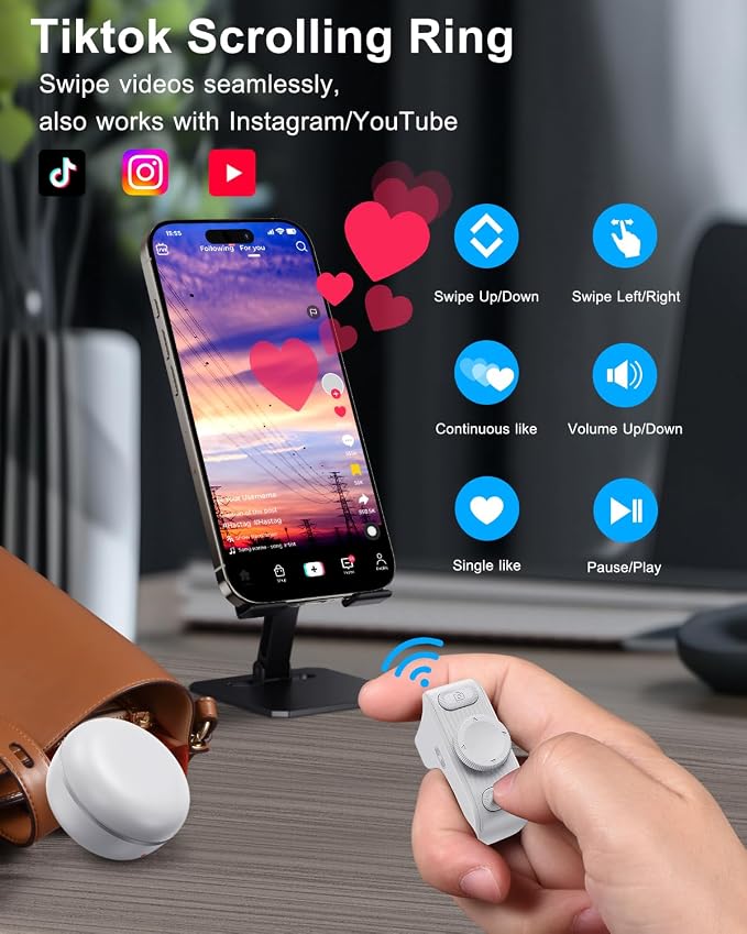 [New Upgrade, Easy to Use] TikTok Scrolling Ring Remote Control, Camera Shutter Remote, Wireless Bluetooth Scrolling Ring for iPhone, iPad, iOS, Android - Light White - Image 3