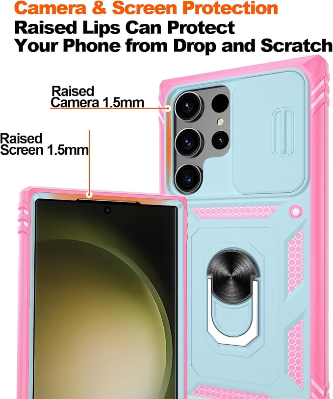 Gritup for Samsung Galaxy S23 Ultra Case with 2PCS Screen Protector, Build in 360° Rotating Ring Kickstand, Military Grade Protective Case for S23 Ultra Phone, Green+Pink - Image 5