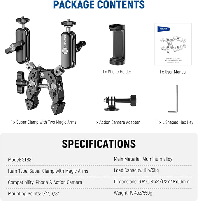 NEEWER Heavy Duty Super Clamp with Two 360° Dual Ball Head Magic Arms, 1/4" 3/8" Screw Threads, Phone & Action Camera Mount Adapter for Flat/Round Surface Compatible with GoPro DJI Insta360 DSLR - Image 9