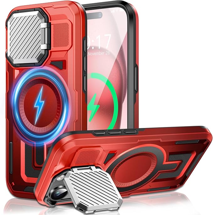 Camera Stand Case for iPhone 15, [Compatible with MagSafe] [Lens Cover] 2024 Version Military Grade Protective Soft Case for iPhone 15 6.1 inch Men Women, Red by WASTROYAL