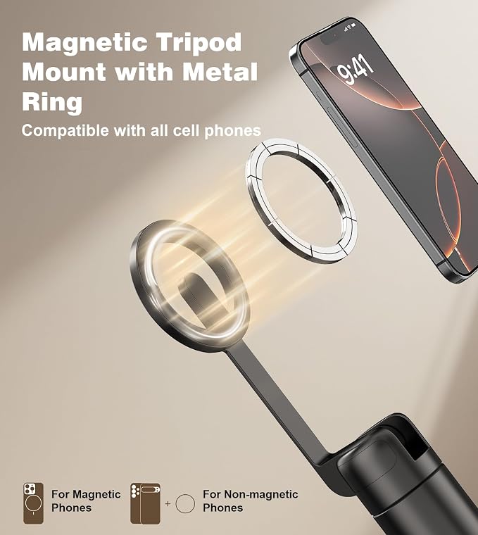 TONEOF 68" Magnetic Aluminum Phone Tripod Selfie Stick for iPhone & Android | Rechargeable Remote,360° Rotatable Foldable Cell Phone Stand Holder with Metal Ring,Travel Tripod for Magsafe (Black) - Image 2