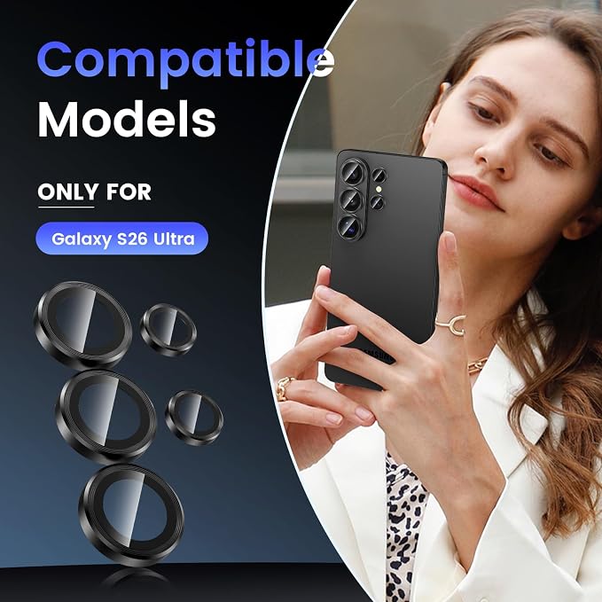 Tensea Compatible with Samsung Galaxy S26 Ultra Camera Lens Protector | 9H Tempered Glass Camera Cover Screen Protector Metal Individual Ring [Installation Tray][Case Friendly] - Image 2