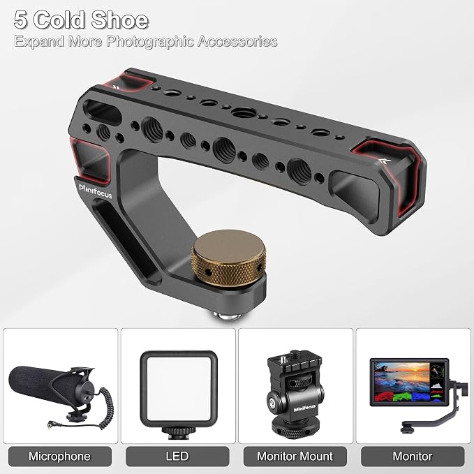 Top Handle with 3/8"-16 Locating Pins, Universal Camera Handgrip with 5 Cold Shoe Mount for Microphone, LED Light, Monitor, 1/4", 3/8" Threaded Holes with Locating Pins for ARRI Grip - Image 3