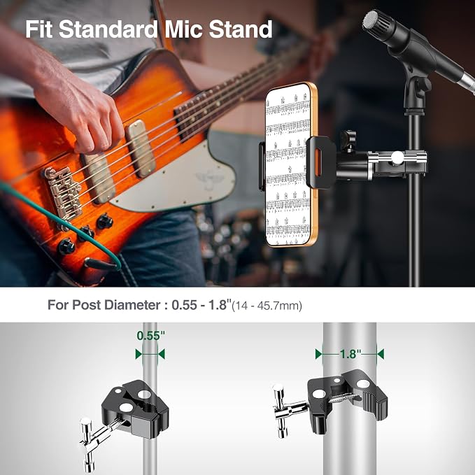 elitehood Swivel Tilt Phone Holder for Mic Stand Mount & Microphone Stand | Aluminum iPhone Mic Stand Holder, 360° Adjustable Phone Clamp Mount for Music Boom Microphone Stand, Fit All Cell Phone - Image 5